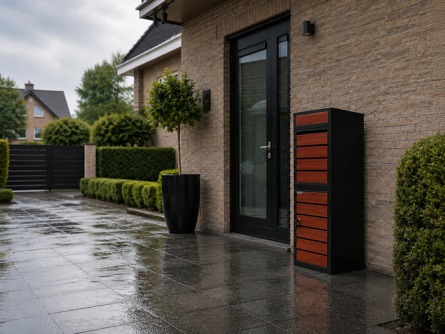 Een BunnyBox pakketbrievenbus naast de voordeur van een woning