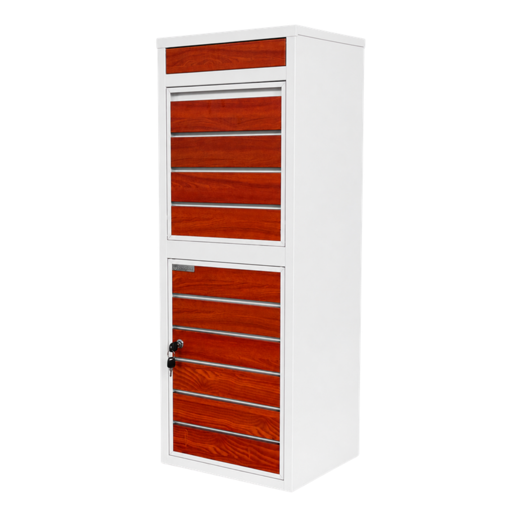 BunnyBox Style in wit met donker teak front, schuin vooraanzicht