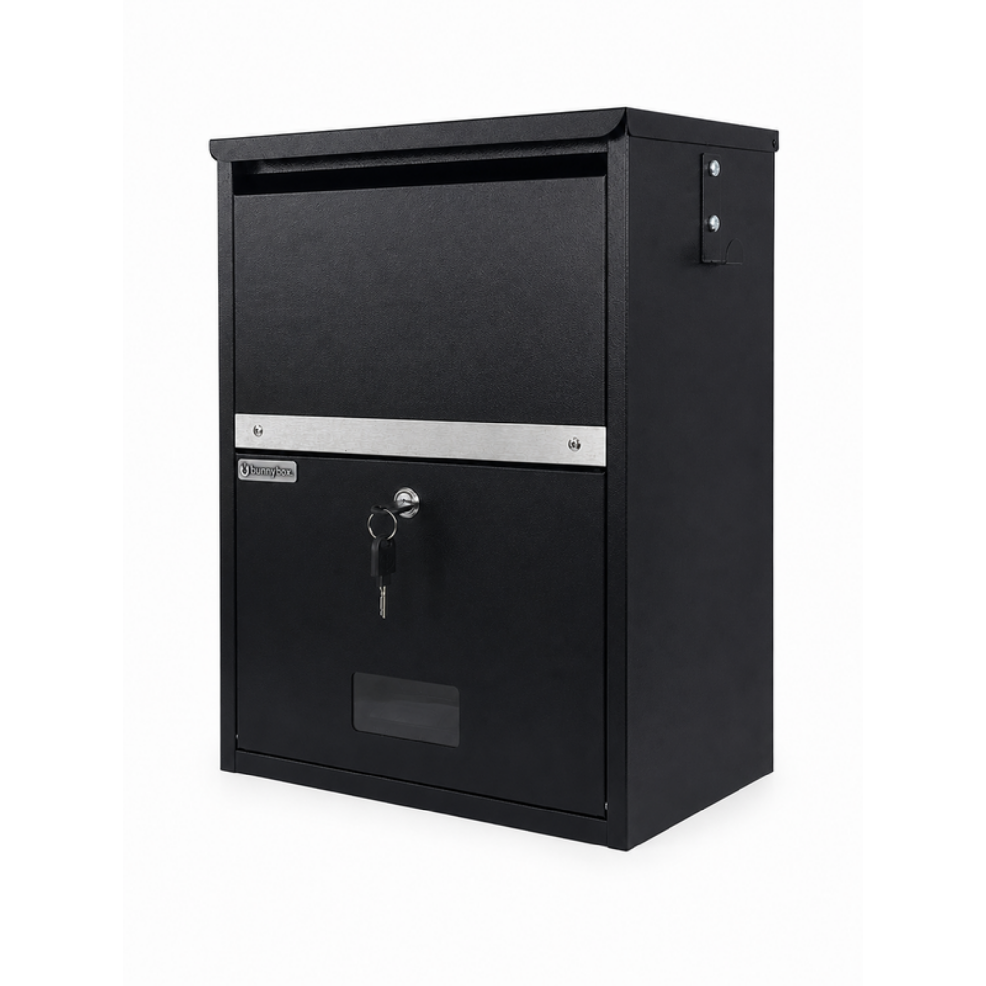 BunnyBox Compact wandmodel in zwart, schuin vooraanzicht met de klep dicht