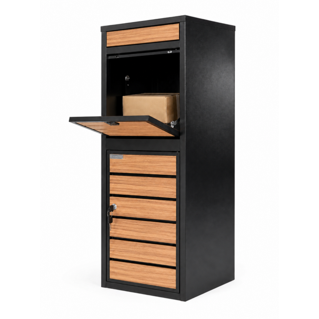 BunnyBox Style met licht eiken front, klep open met een pakket erin