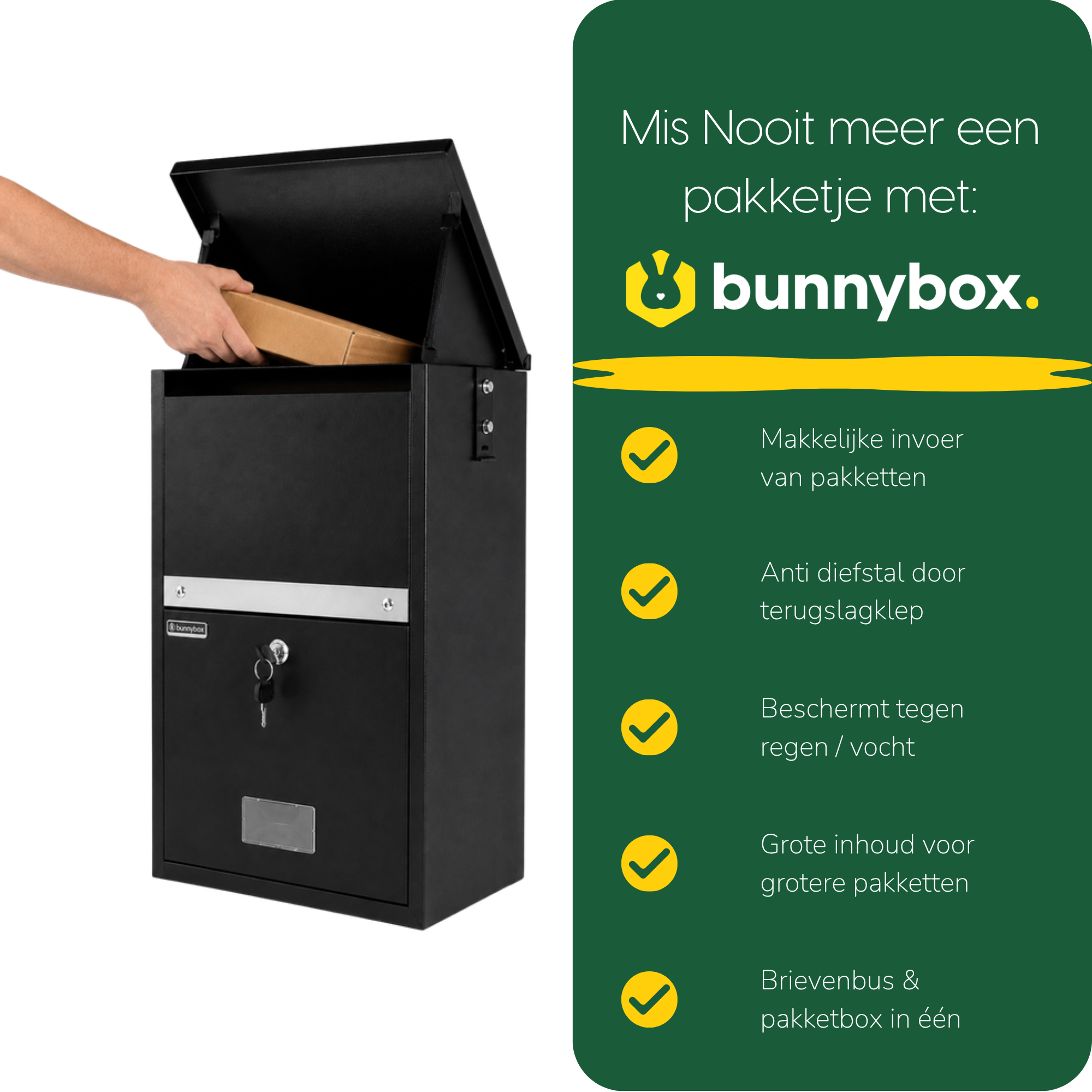 Hand opent de klep van de BunnyBox Compact aan de muur, met vijf voordelen