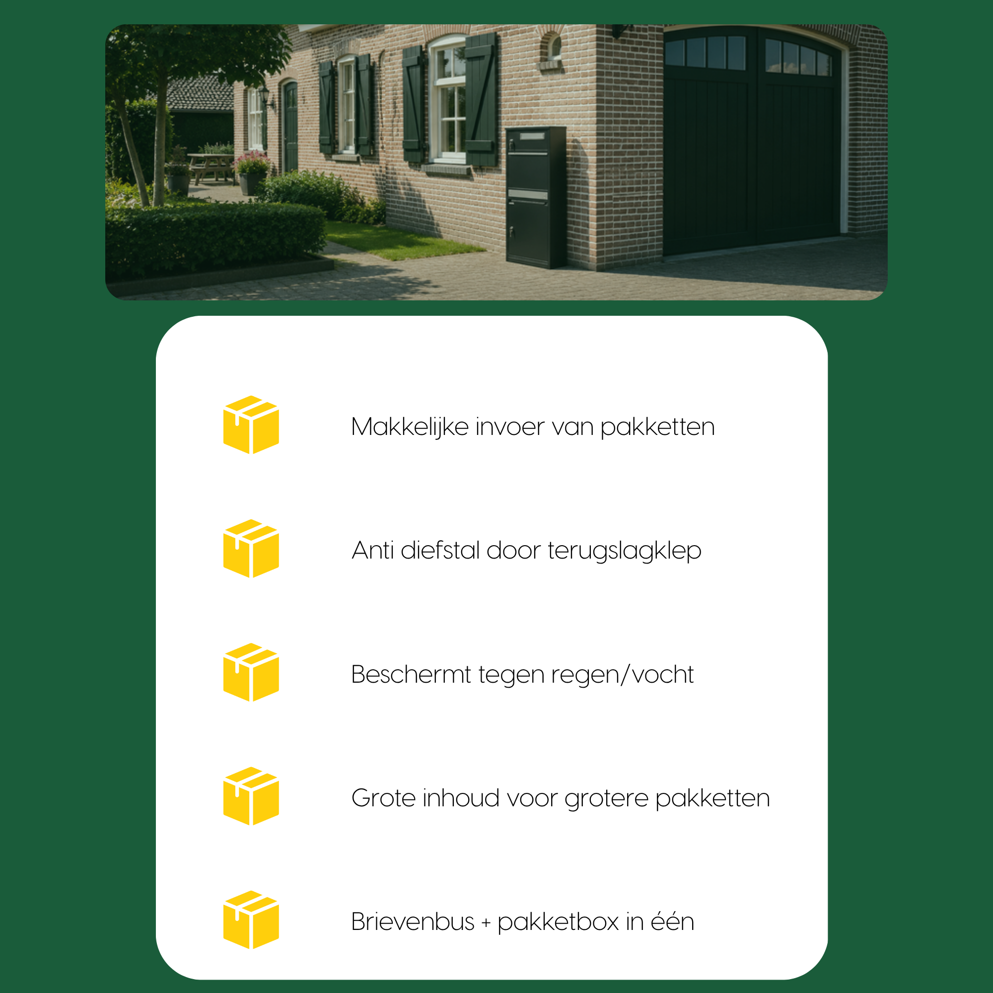 Vijf kenmerken van de BunnyBox Plus naast een foto van de box bij een woning