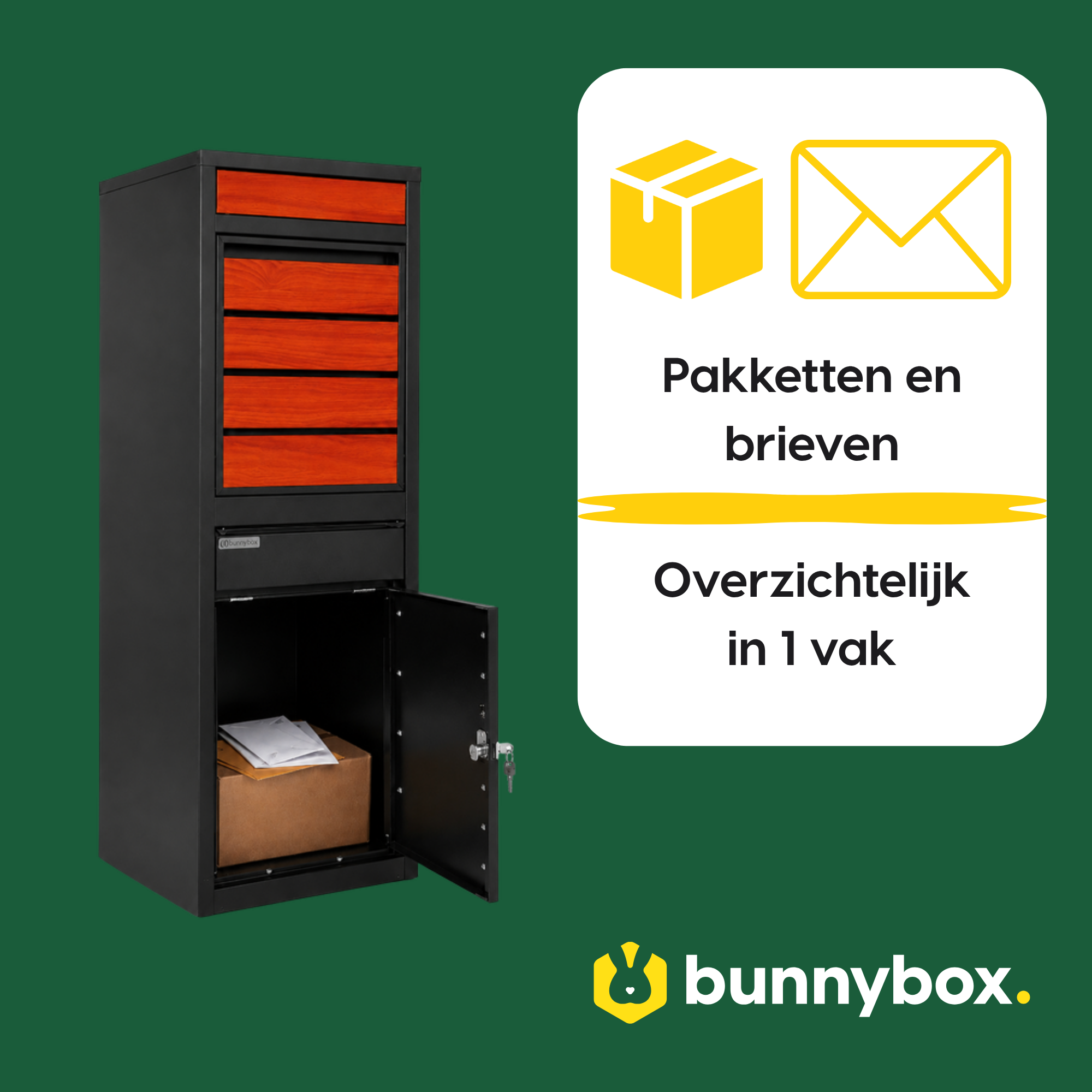 Pakketten en brieven overzichtelijk in 1 vak in de BunnyBox Style met teak