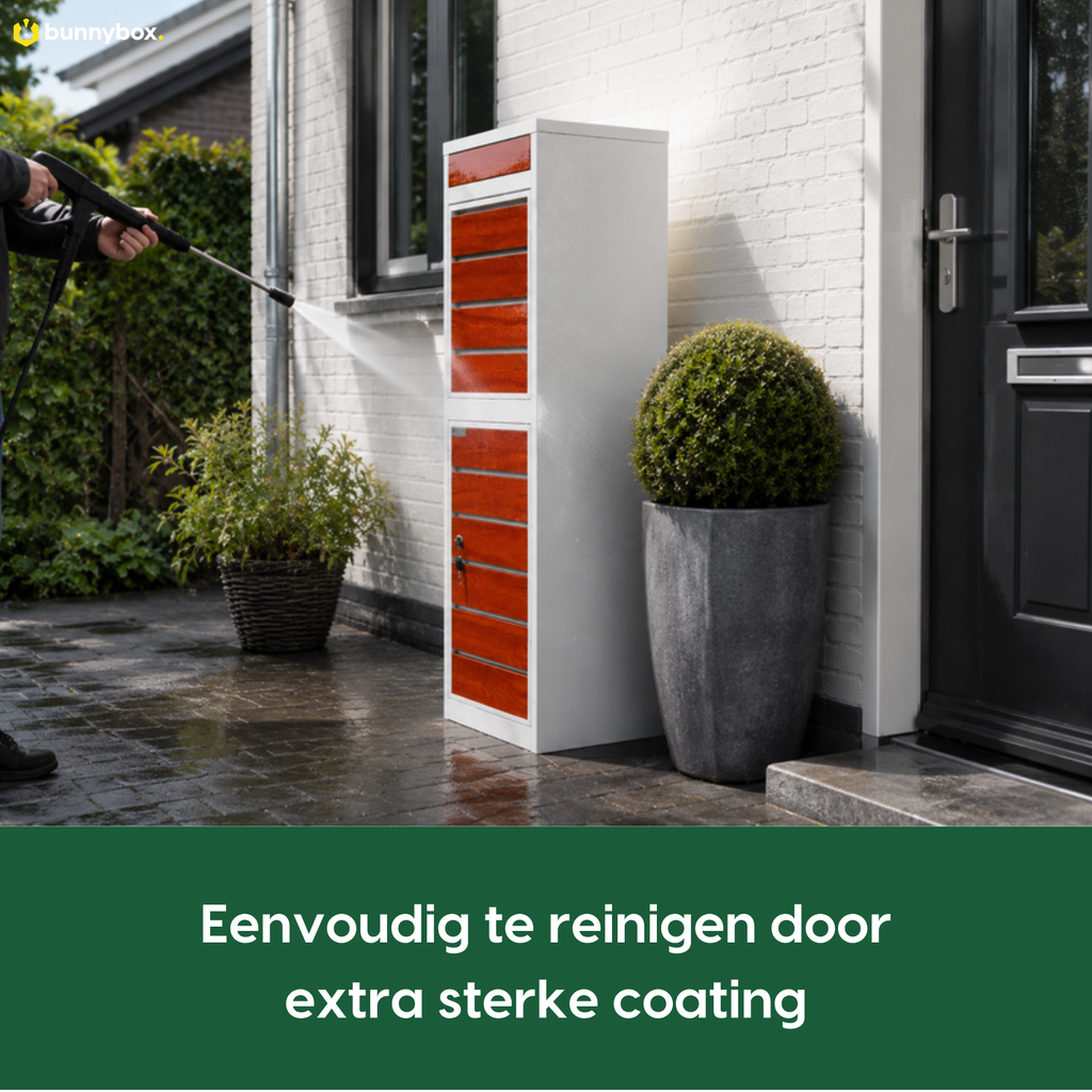 De witte BunnyBox Style wordt schoongespoten dankzij de extra sterke coating