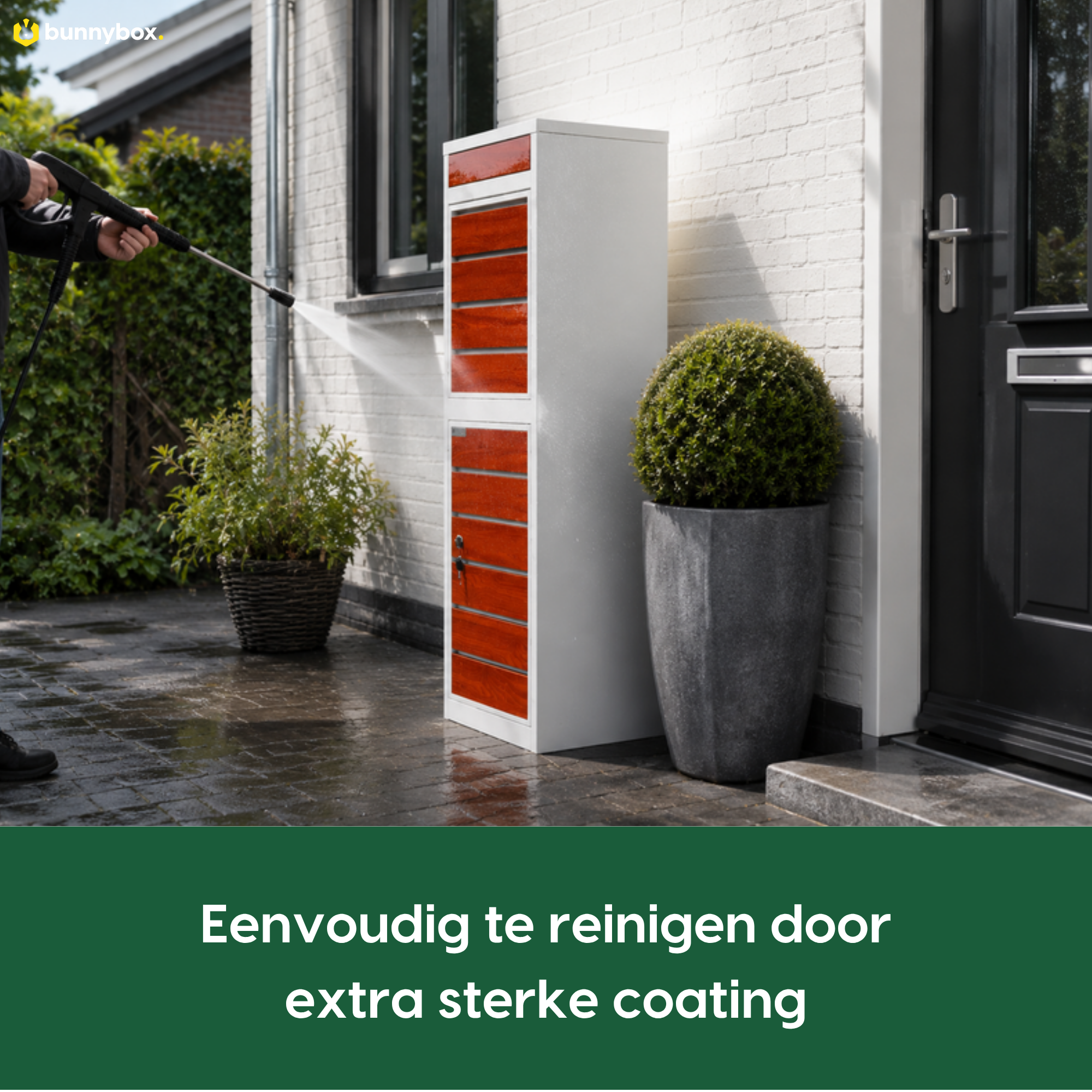 De witte BunnyBox Style wordt schoongespoten dankzij de extra sterke coating