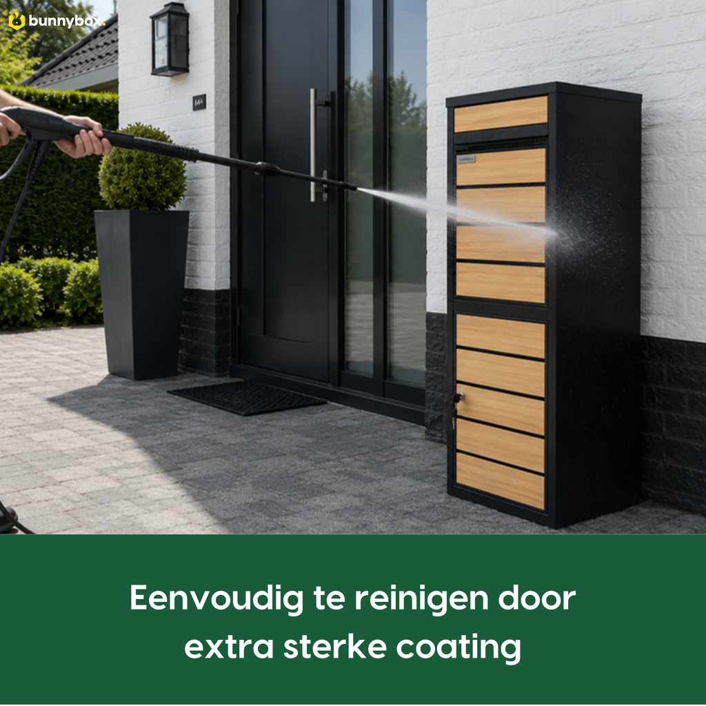 De BunnyBox Style met eiken front wordt schoongespoten dankzij de coating
