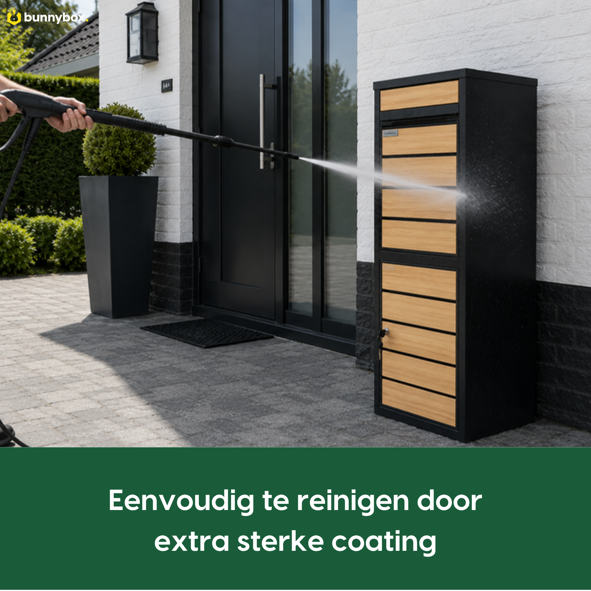 De BunnyBox Style met eiken front wordt schoongespoten dankzij de coating