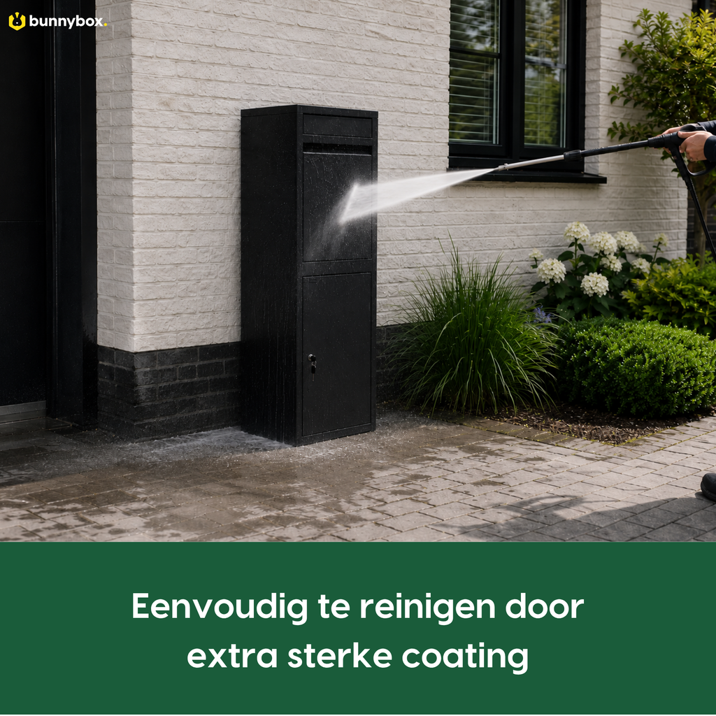 De zwarte BunnyBox Home wordt schoongespoten dankzij de extra sterke coating