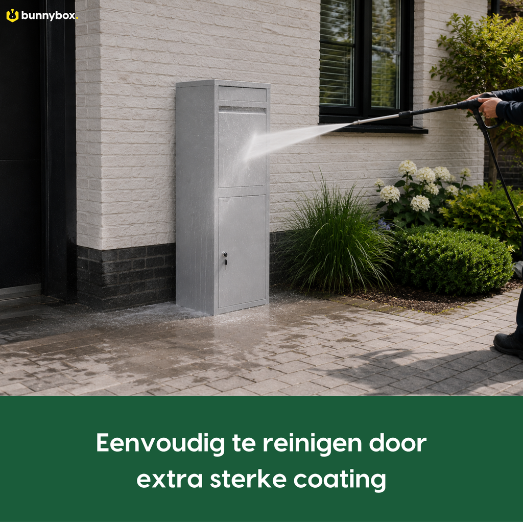 De grijze BunnyBox Home wordt schoongespoten dankzij de extra sterke coating