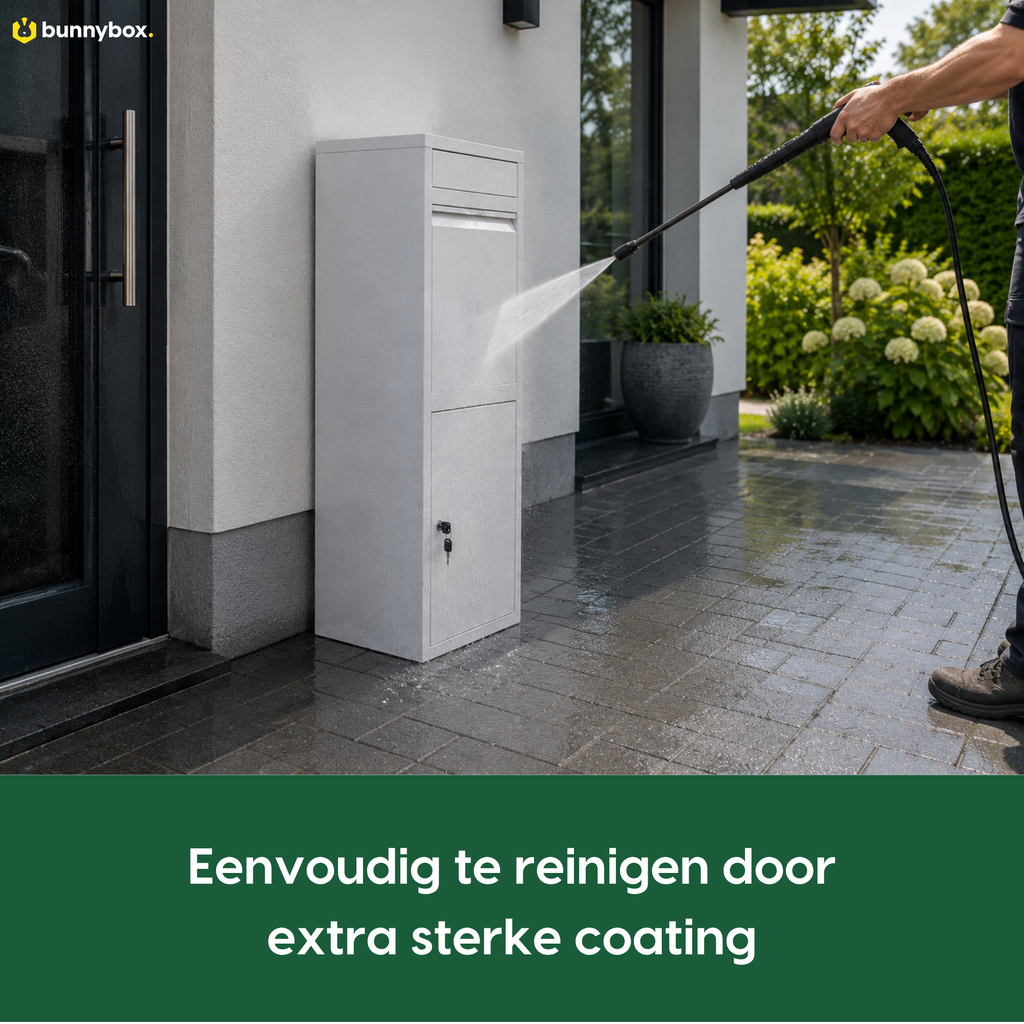 De witte BunnyBox Home wordt schoongespoten dankzij de extra sterke coating