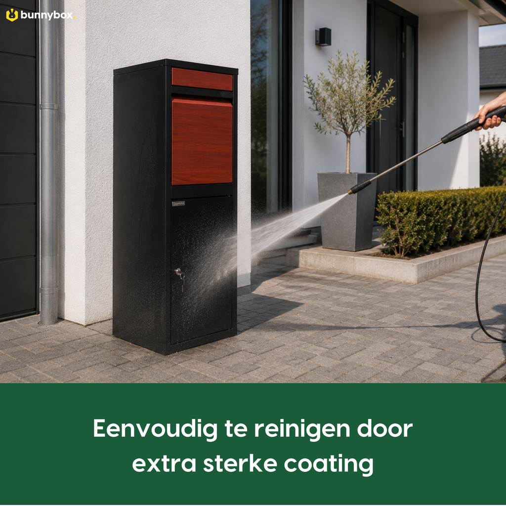 BunnyBox Home met teak klep wordt schoongespoten dankzij de sterke coating