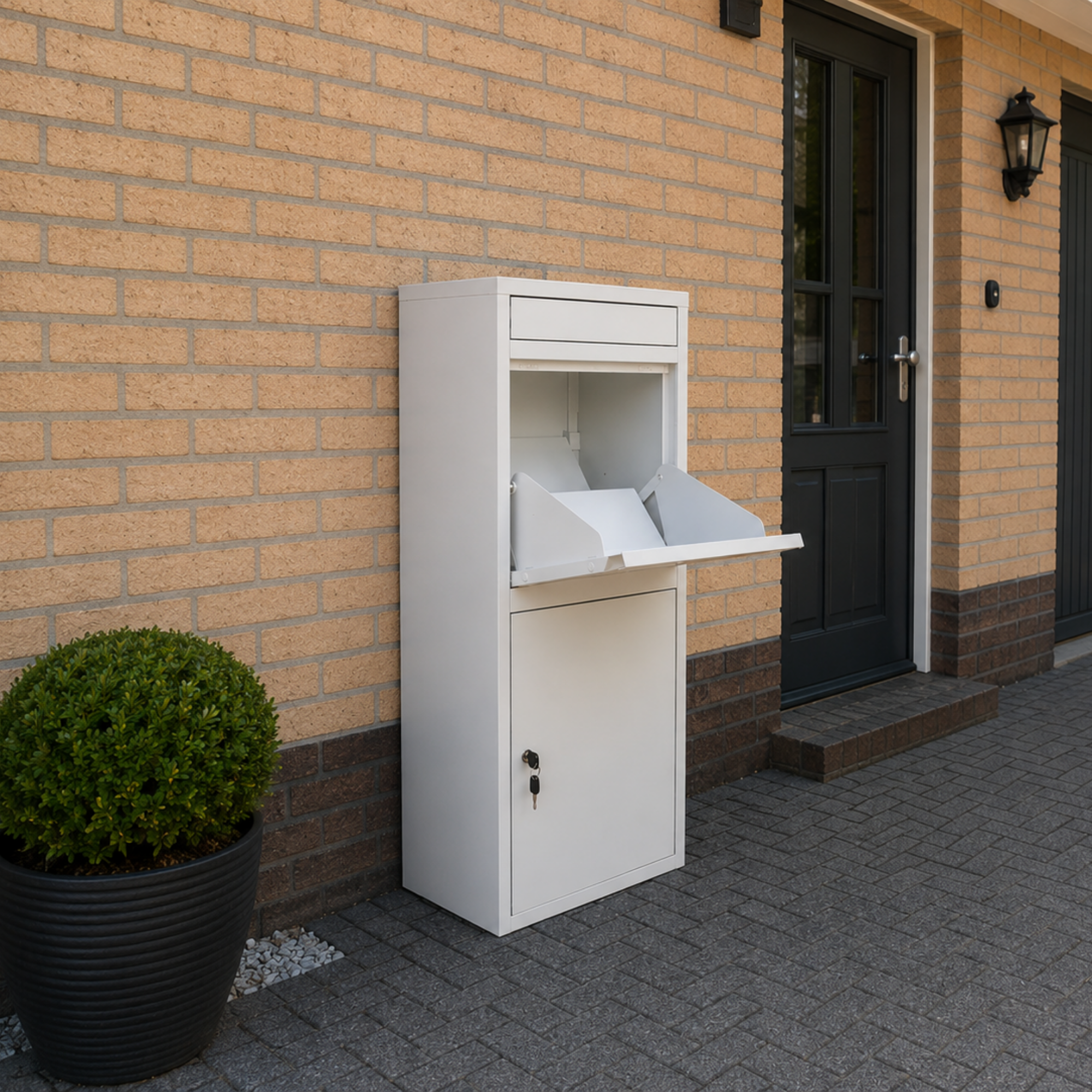 Witte BunnyBox Home met open klep tegen een bakstenen gevel naast de voordeur