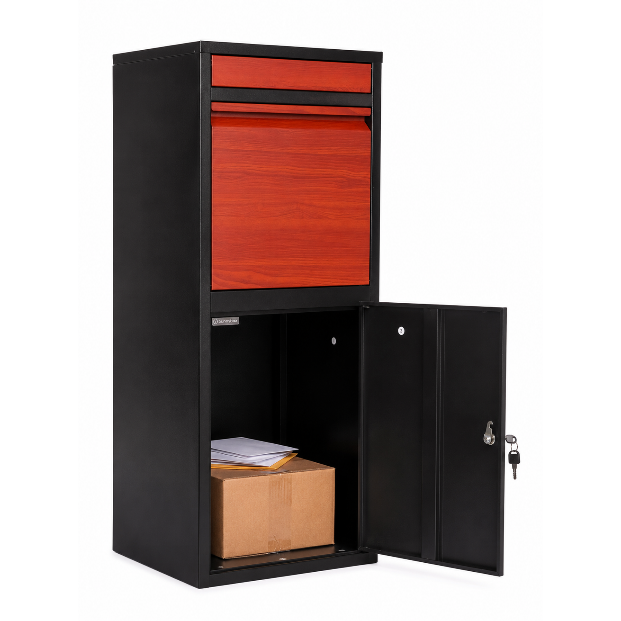 BunnyBox Home zwart met donker teak, klep en deur open met pakketten erin