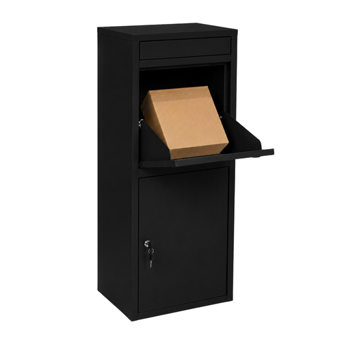 Deponeerklep van de zwarte BunnyBox Home open met een kartonnen doos erin