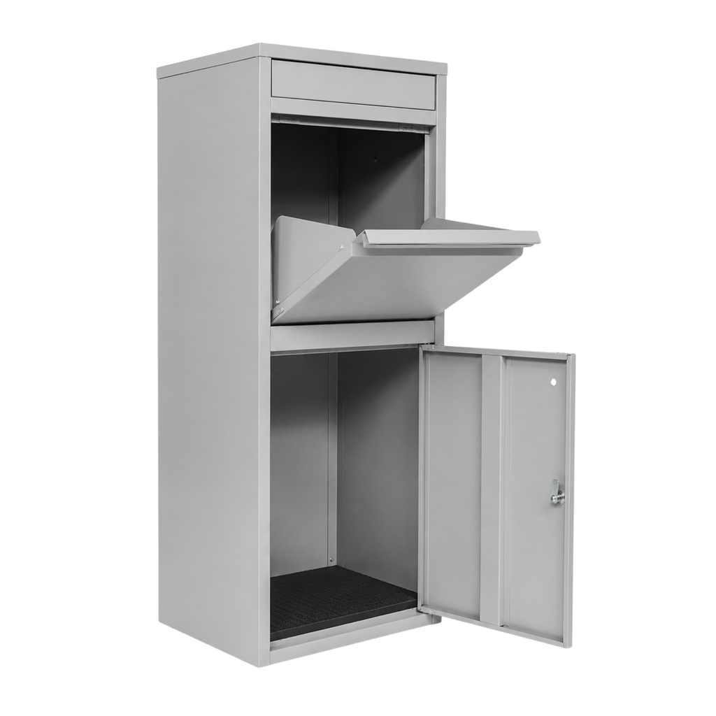 Grijze BunnyBox Home met open klep en open uitneemdeur, het vak is leeg