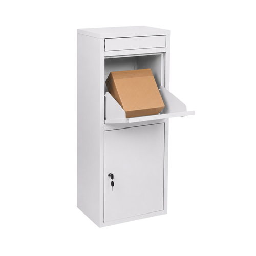 Deponeerklep van de witte BunnyBox Home open met een kartonnen doos erin