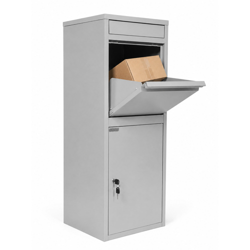 Deponeerklep van de grijze BunnyBox Home open met een kartonnen doos erin