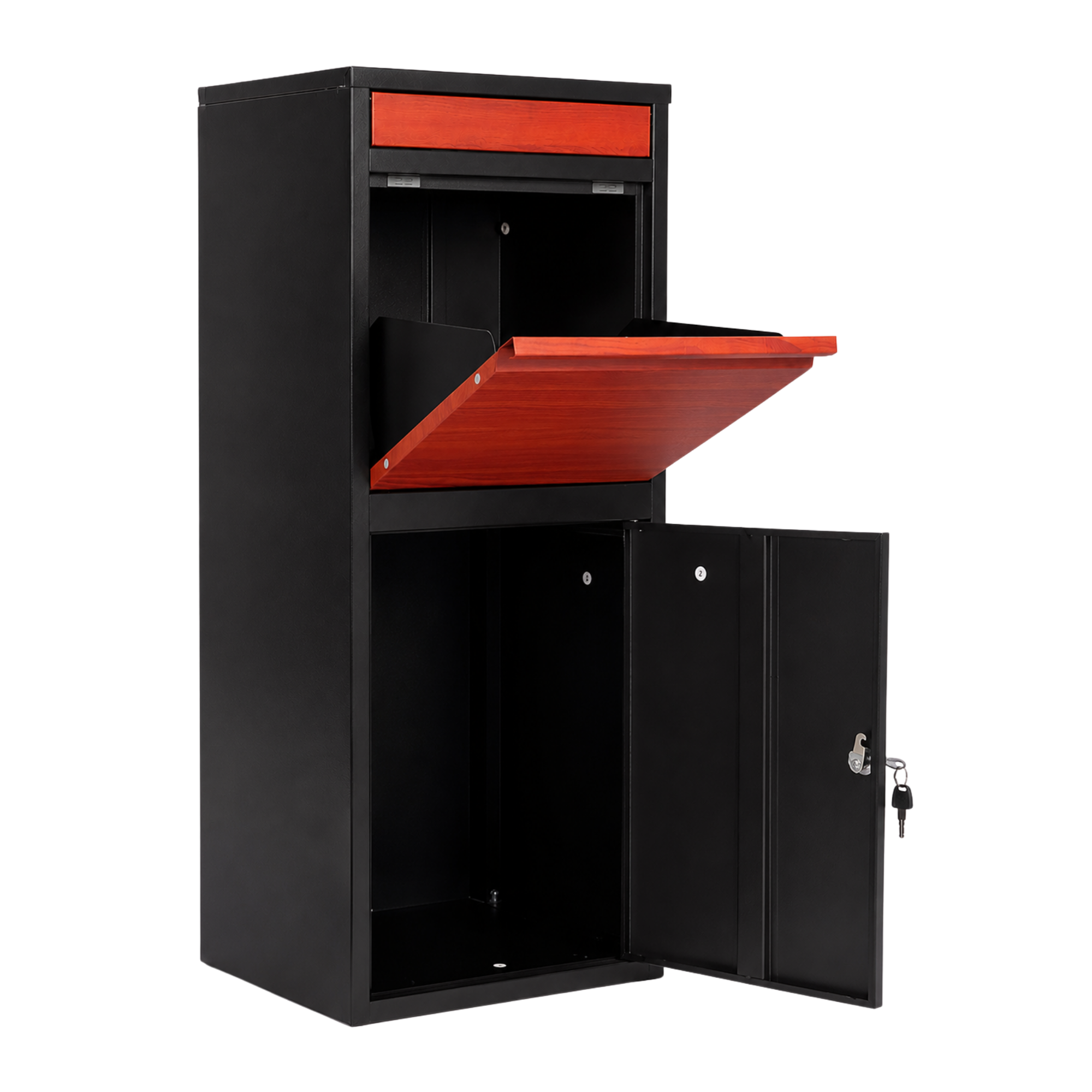 Klep en uitneemdeur van de BunnyBox Home zwart met teak open, het vak is leeg