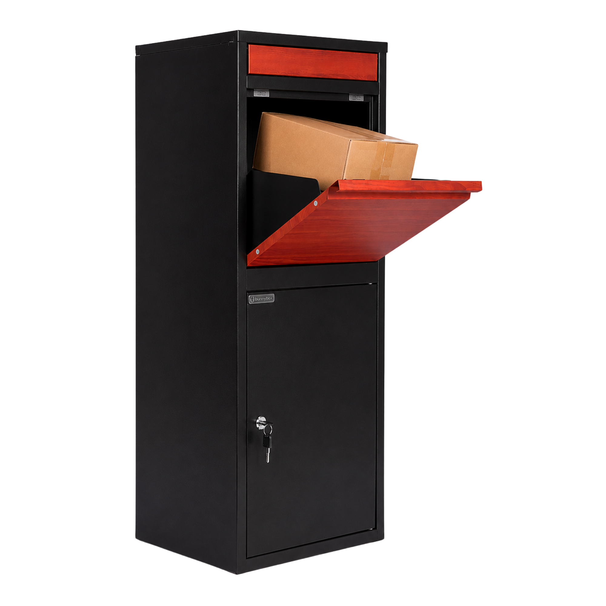 Deponeerklep van de BunnyBox Home zwart met teak open met twee dozen erin
