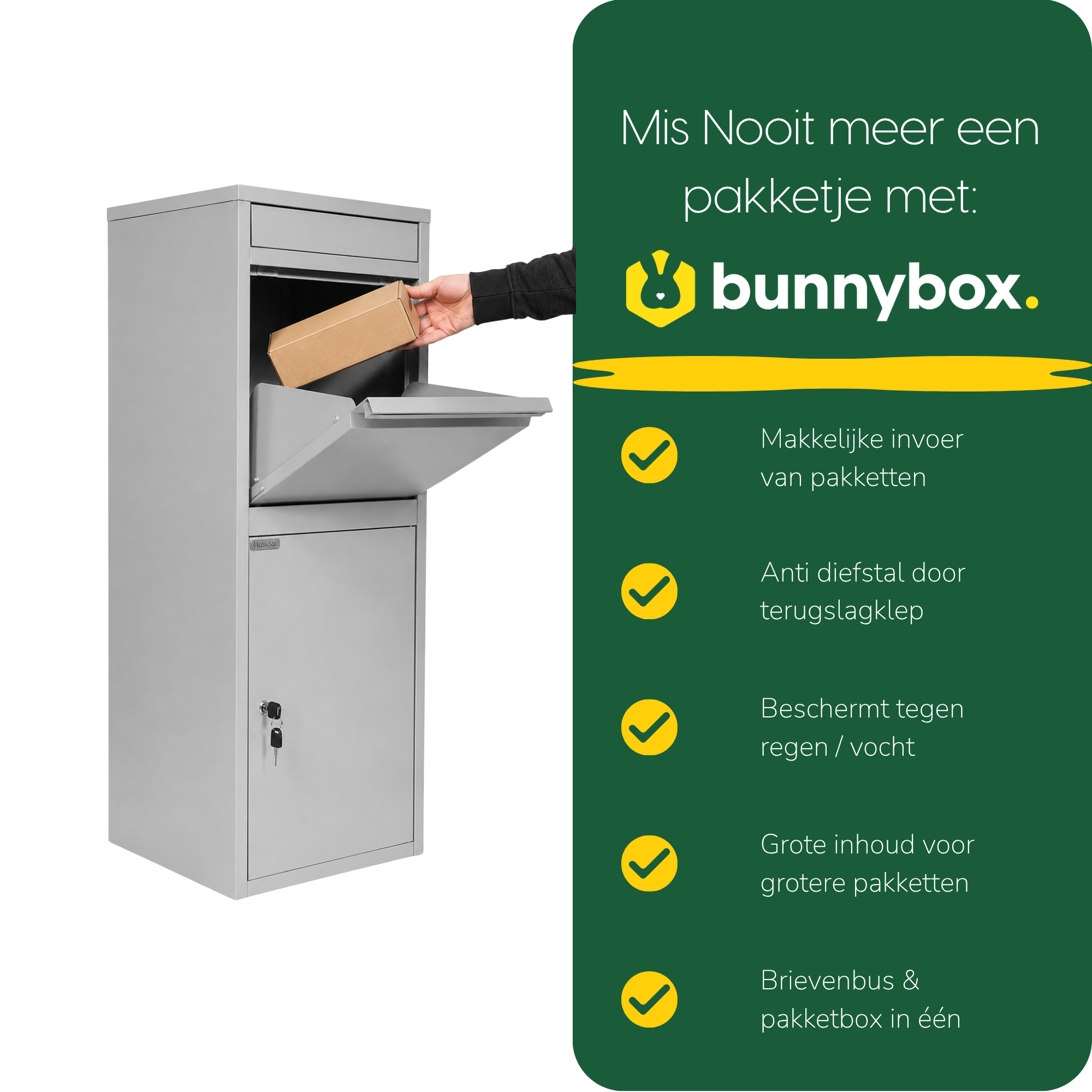 Hand legt een pakket in de grijze BunnyBox Home, met vijf voordelen op een rij