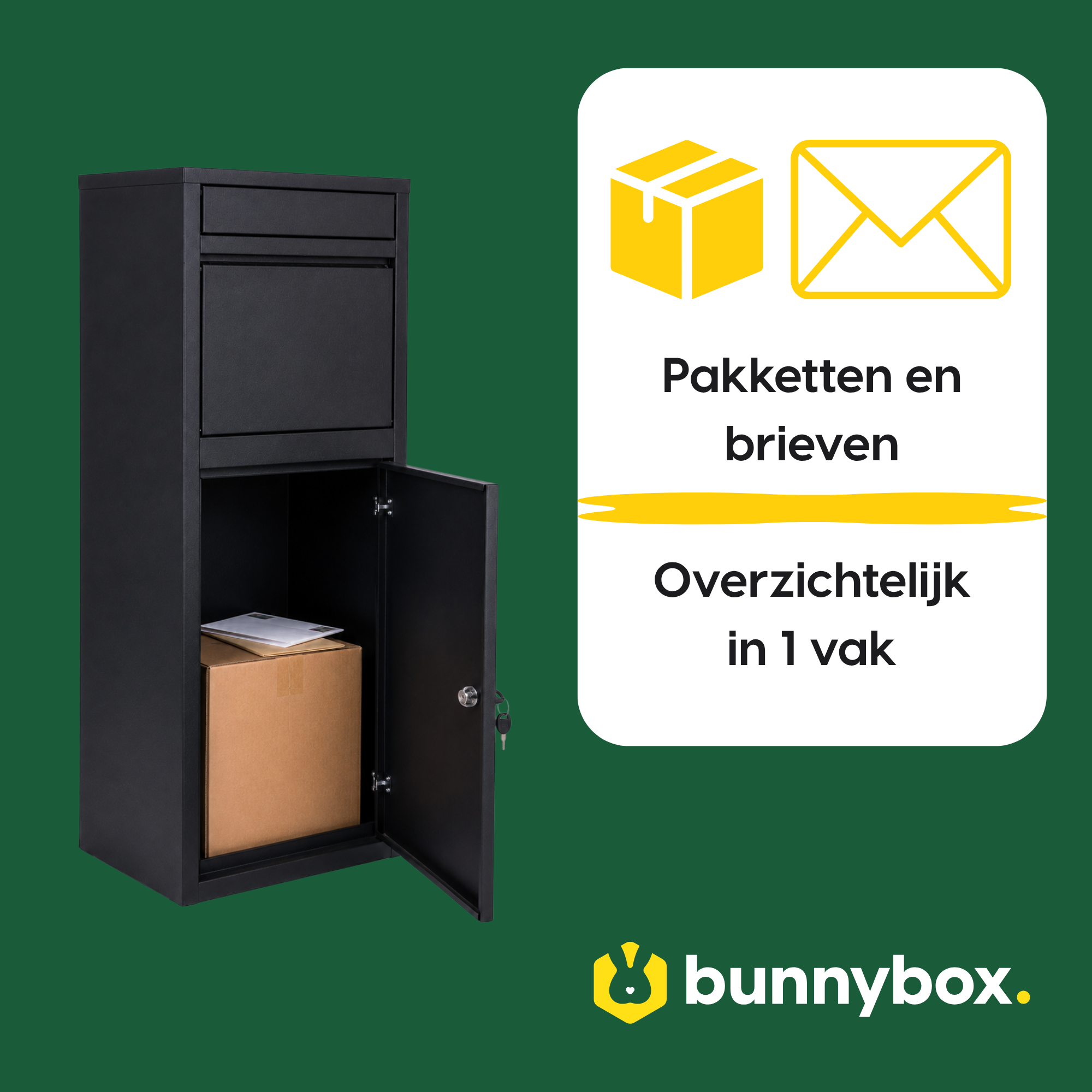Pakketten en brieven overzichtelijk in 1 vak in de zwarte BunnyBox Home