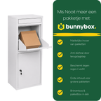 Hand legt een pakket in de witte BunnyBox Home, met vijf voordelen op een rij