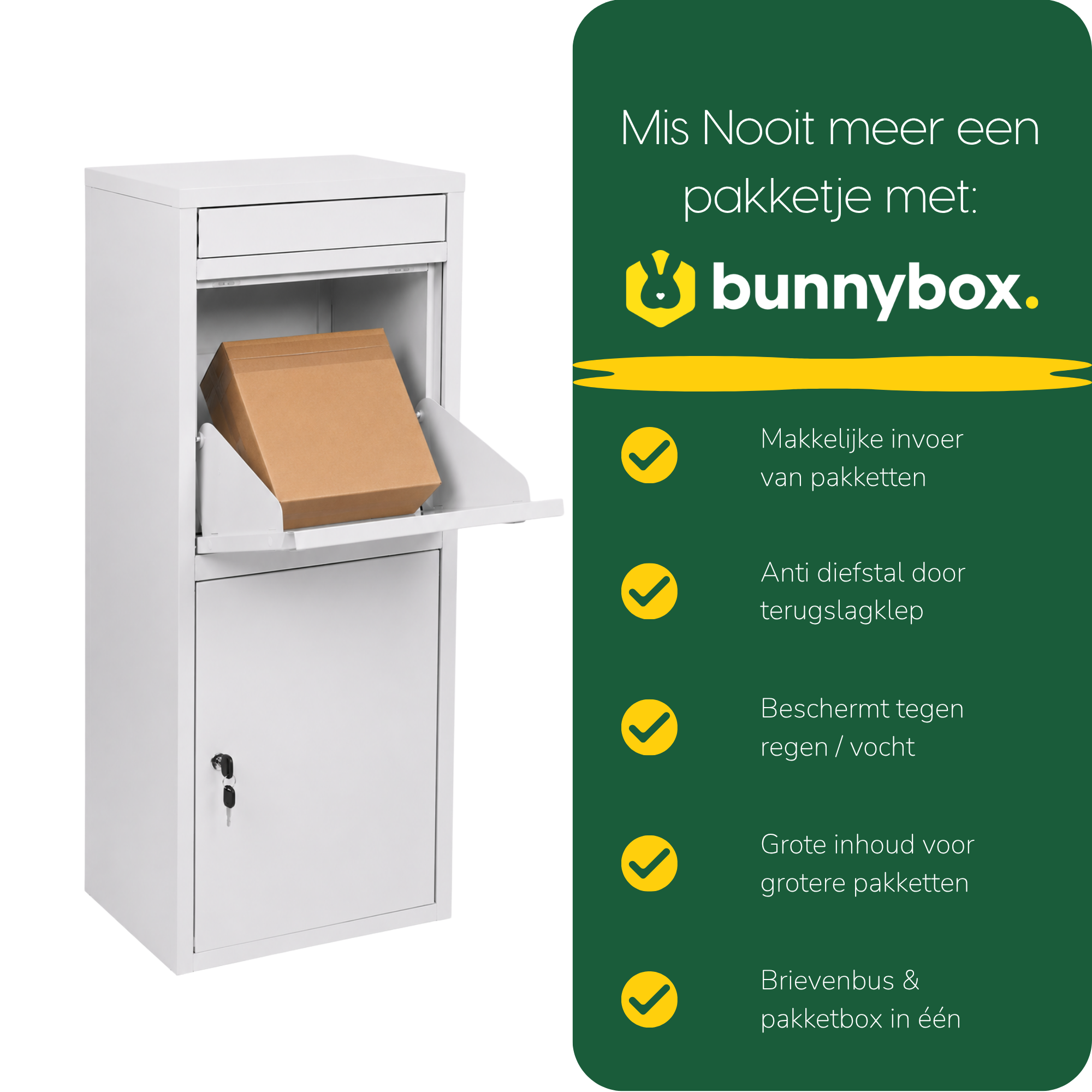 Hand legt een pakket in de witte BunnyBox Home, met vijf voordelen op een rij