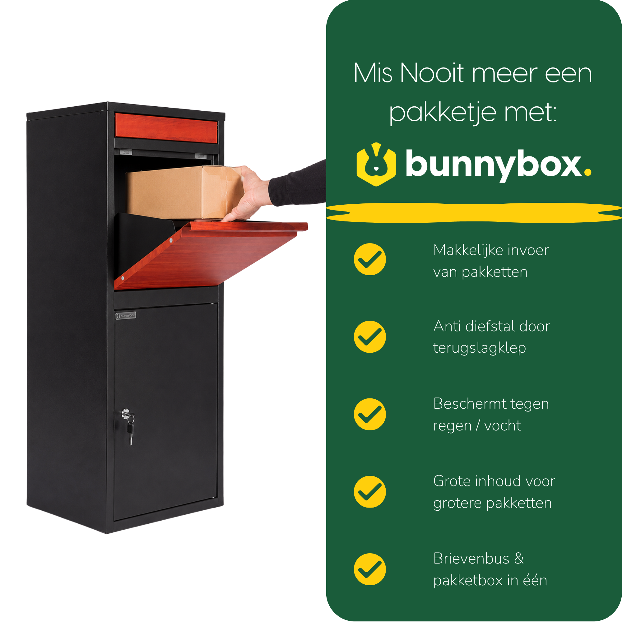 Hand legt een pakket in de BunnyBox Home zwart met teak, met vijf voordelen