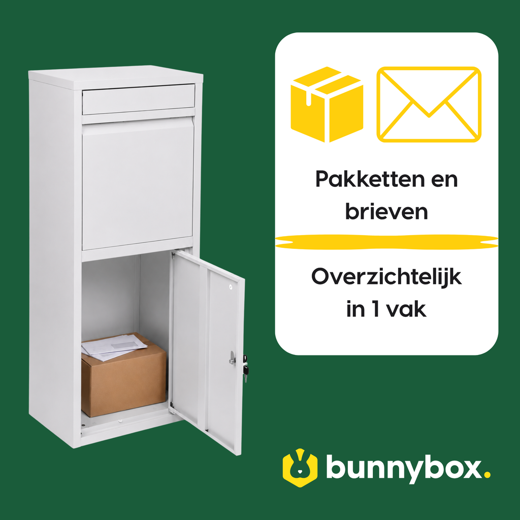 Pakketten en brieven overzichtelijk in 1 vak in de witte BunnyBox Home
