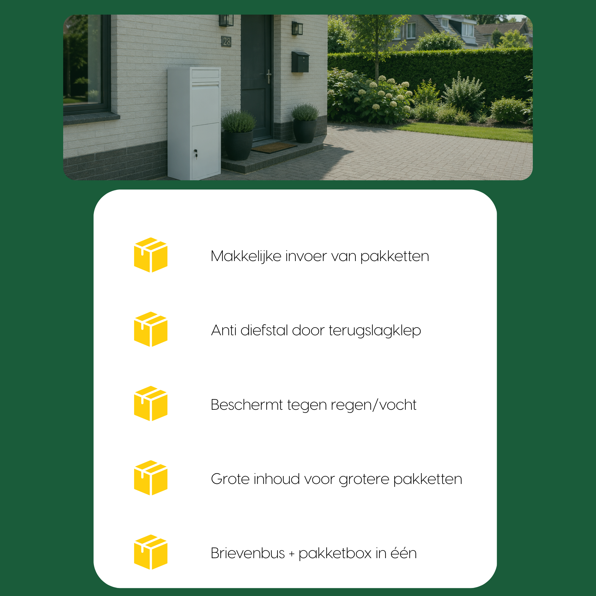 Vijf kenmerken van de BunnyBox Home naast een foto van de box in de voortuin