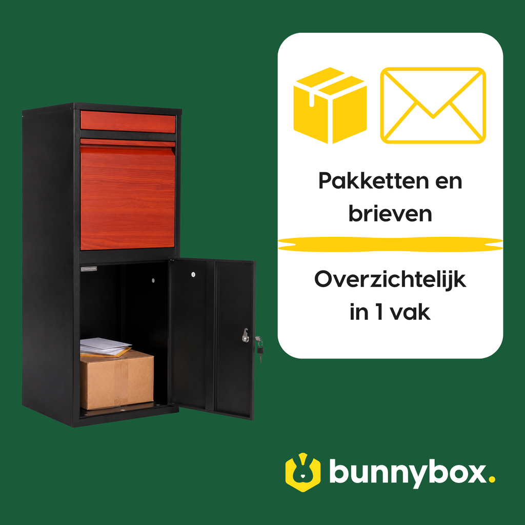 Pakketten en brieven overzichtelijk in 1 vak in de BunnyBox Home met teak klep