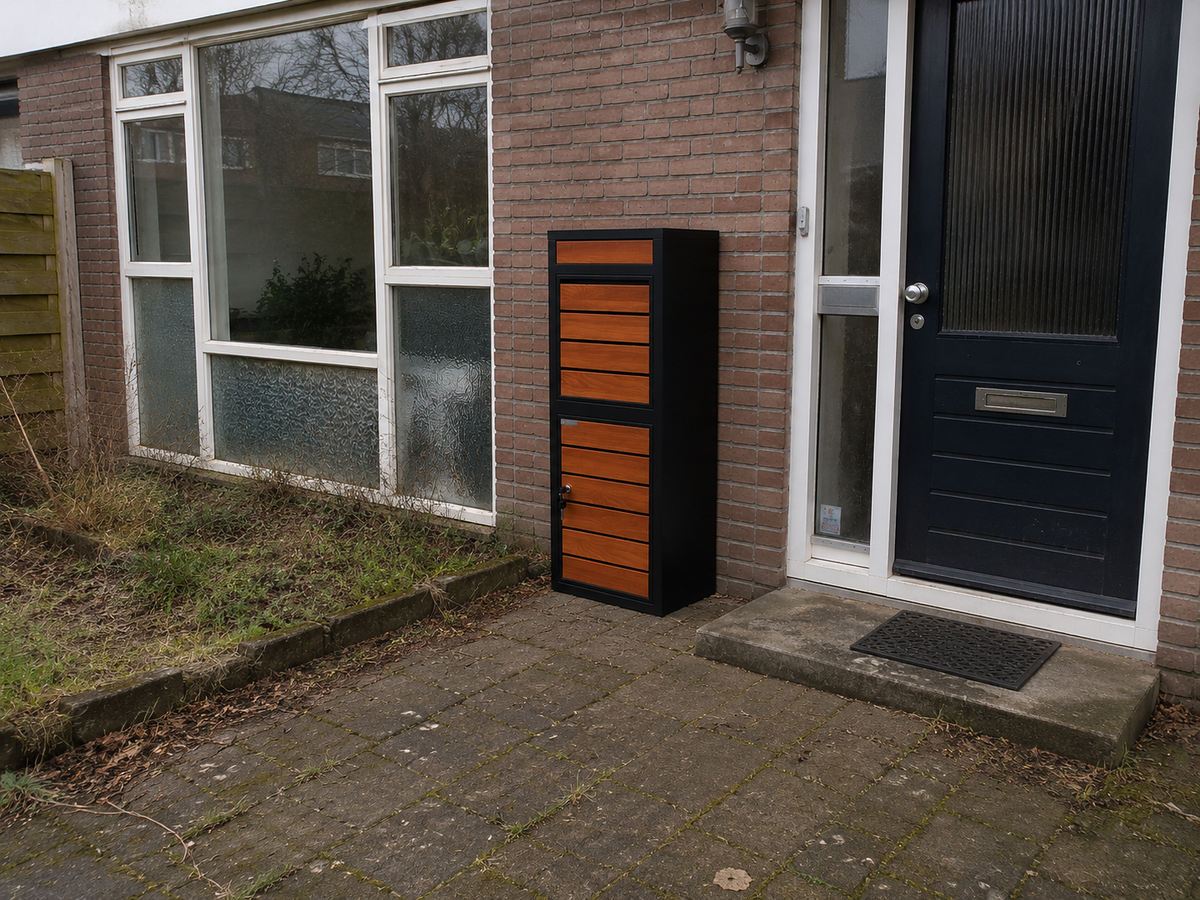 Zwarte BunnyBox pakketbrievenbus met houtlook front naast de voordeur van een witte woning